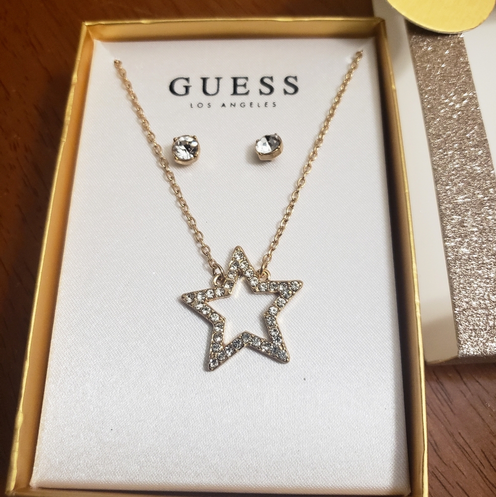 Guess Gold Tone Crystal Heart Pendant & Earrings Set.